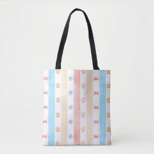 Pastel Stripe - Paw Prints, Blue Flower, Pink Bows Tote Bag