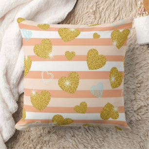 Pastel Striped Hearts with Shimmering Gold Accents Cushion