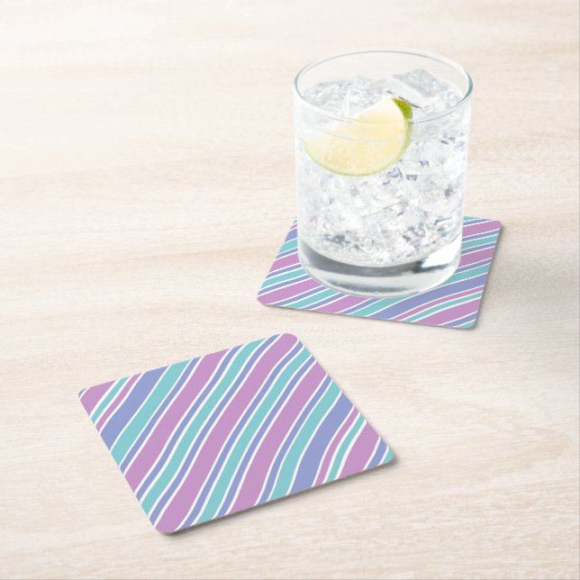 Pastel Striped Pattern Square Paper Coaster (Insitu)