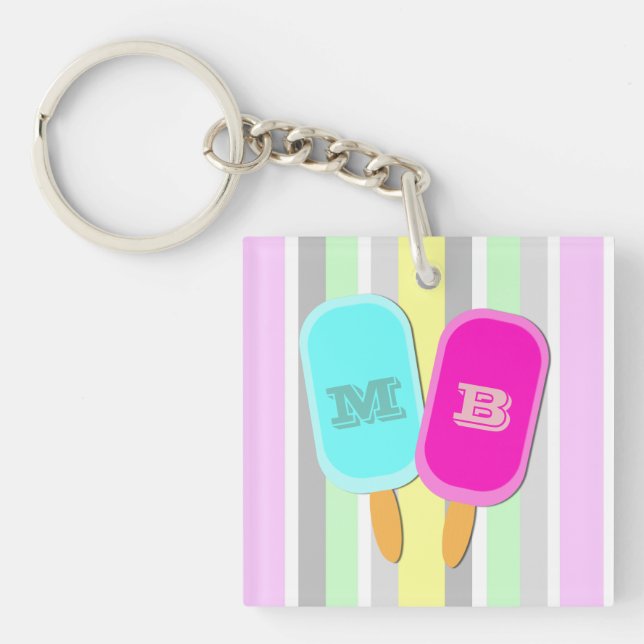 Pastel Stripes and Popsicles Monogram Key Ring (Front)