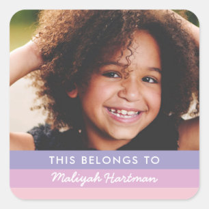 Pastel Stripes Cute Script Name Kids School Purple Square Sticker