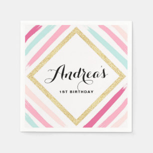 Pastel Stripes & Gold Glitter Kids Birthday Party Napkin
