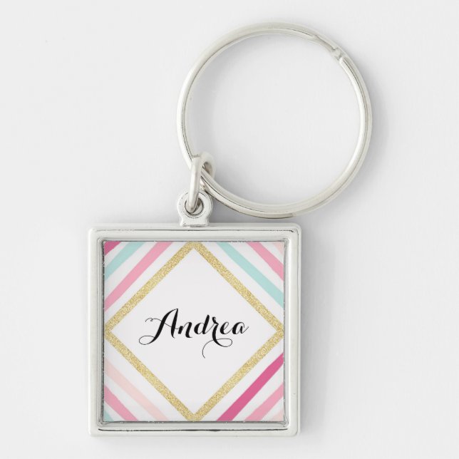 Pastel Stripes Gold Glitter Personalised Keychain (Front)