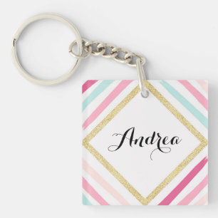 Pastel Stripes Gold Glitter Personalised Keychain