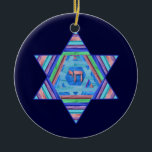 Pastel Stripes Hanukkah Star Ornament<br><div class="desc">A digital collage, in pretty pastel stripes; a Star of David with a Chai (life) symbol at the centre.  Light and dark blue backgrounds on each side are customisable!</div>