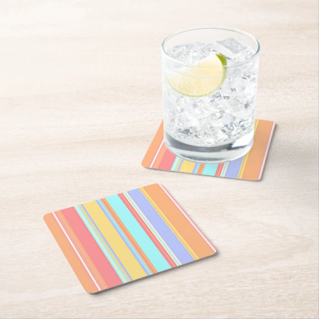 Pastel Stripes Pattern Square Paper Coaster (Insitu)