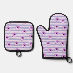 Pastel stripes pattern with Daisies Oven Mitt & Pot Holder Set