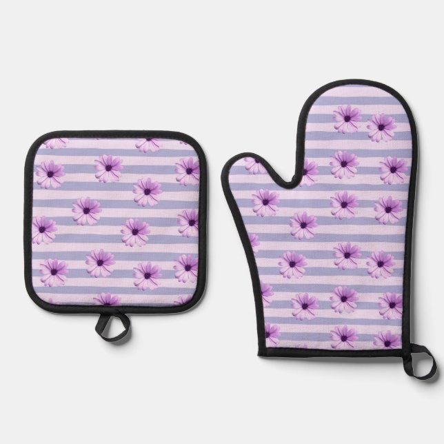 Pastel stripes pattern with Daisies Oven Mitt & Pot Holder Set (Front)