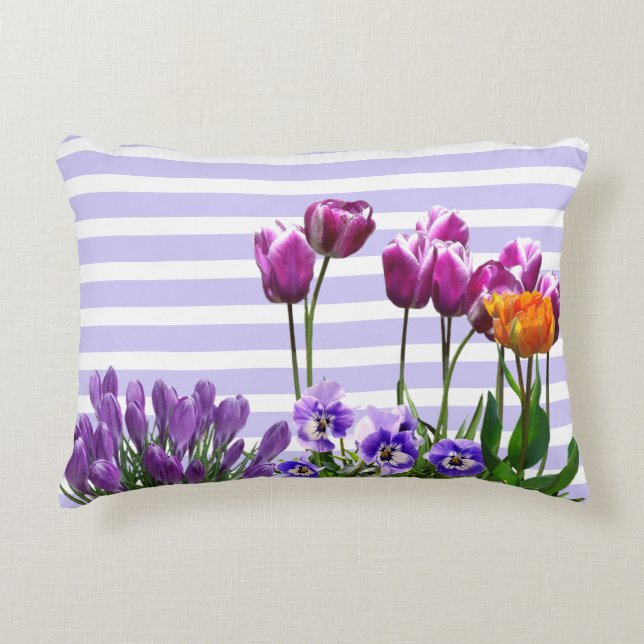 Pastel Stripes with Tulip Flowers Decorative Cushion (Front)