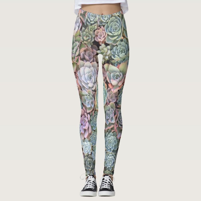 Pastel Succulent Echeveria Garden Leggings (Front)