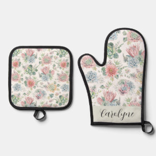 Pastel Succulents and Flowers Pattern Personalised Oven Mitt & Pot Holder Set