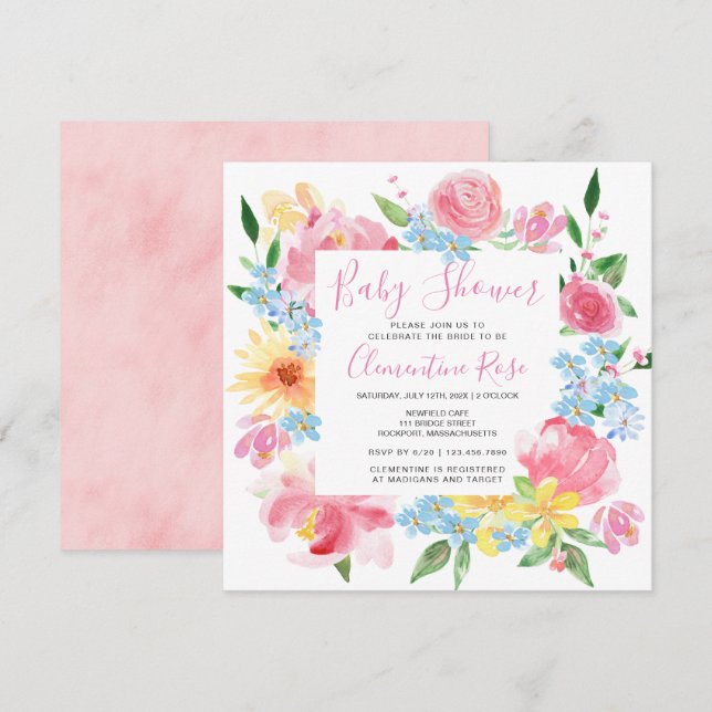 Pastel Summer Pink Yellow Floral Baby Shower Invitation (Front/Back)