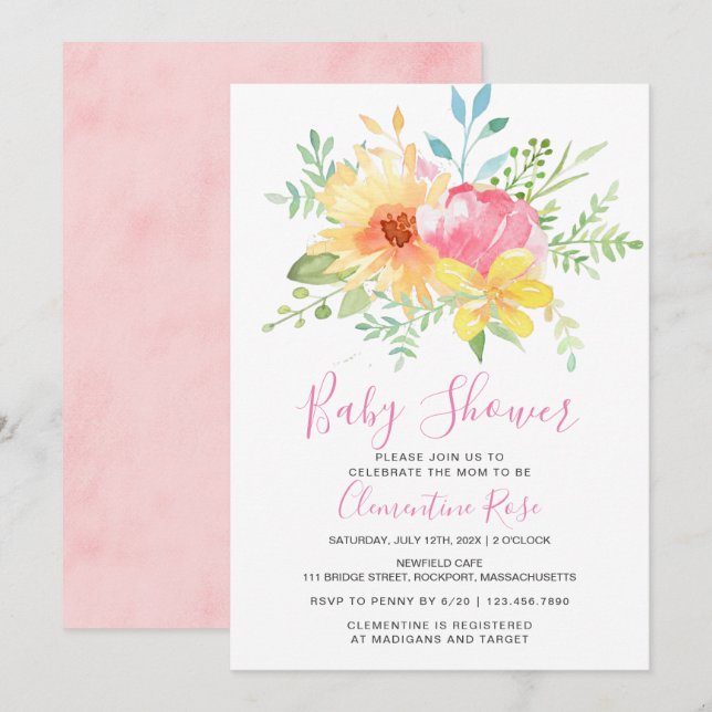 Pastel Summer Pink Yellow Floral Baby Shower Invitation (Front/Back)