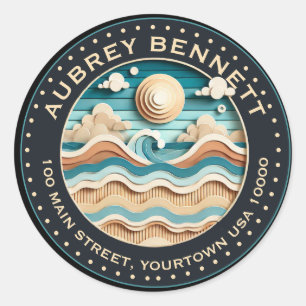 Pastel Sun & Surf Paper Art Name & Address Classic Round Sticker