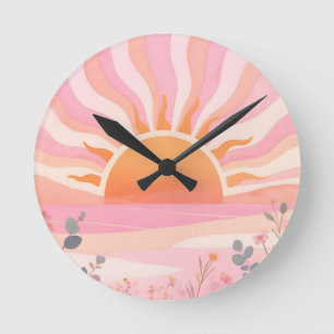 Pastel Sunrise Boho Meadow Round Clock