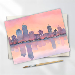 Pastel Sunset Cityscape   City Skyline Watercolor Postcard