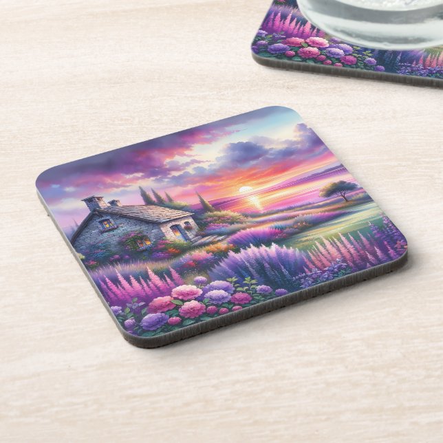 Pastel Sunset Cottage Lakeside Garden Dreamscape Coaster (Left Side)