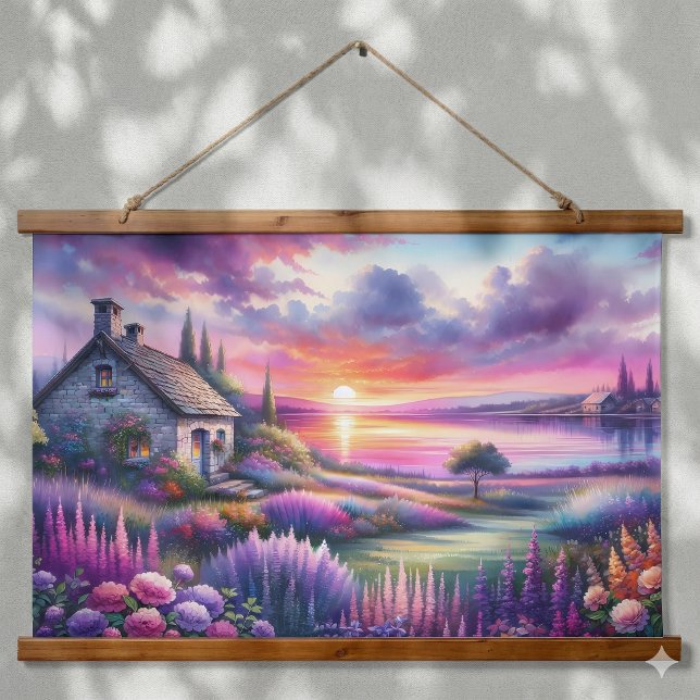 Pastel Sunset Cottage Lakeside Garden Dreamscape Hanging Tapestry (Pastel Sunset Cottage Lakeside Garden Dreamscape Hanging Tapestry)