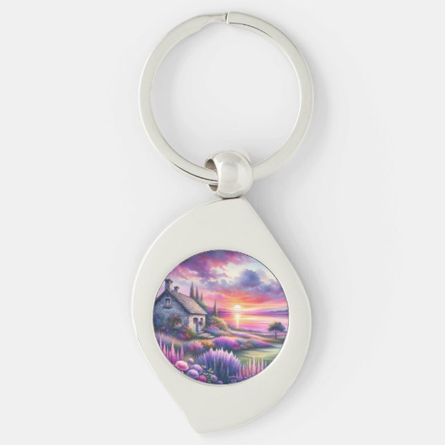 Pastel Sunset Cottage Lakeside Garden Dreamscape Key Ring (Front)