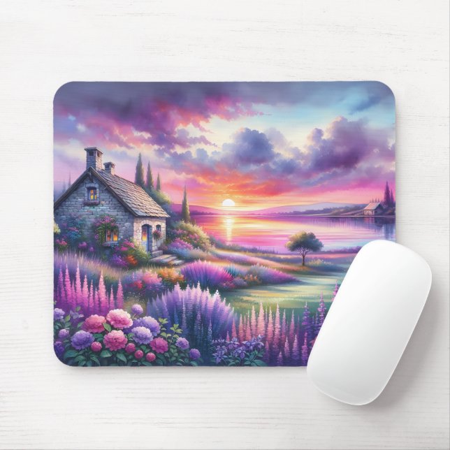 Pastel Sunset Cottage Lakeside Garden Dreamscape Mouse Mat (With Mouse)