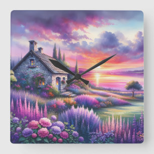 Pastel Sunset Cottage Lakeside Garden Dreamscape Square Wall Clock