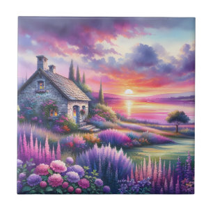 Pastel Sunset Cottage Lakeside Garden Dreamscape Tile