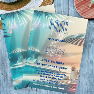 Pastel Sunset Tropical Pool Party 16th Birthday Invitation