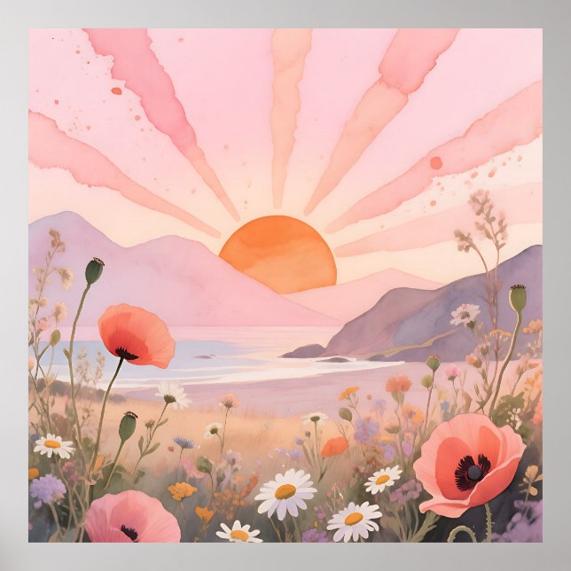 Pastel Sunset Wildflower Meadow Poster (Front)