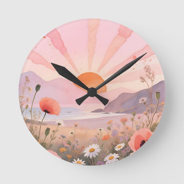 Pastel Sunset Wildflower Meadow Round Clock (Front)