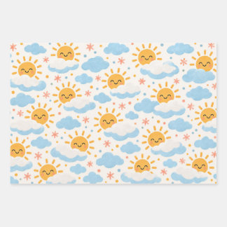 Pastel Sunshine, Clouds & Flowers Gift Wrap Set