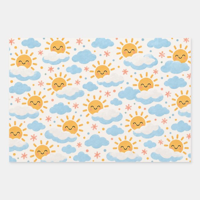 Pastel Sunshine, Clouds & Flowers Gift Wrap Set (Front)
