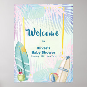 Pastel Surfboard Plam Beach Baby Shower Welcome Poster
