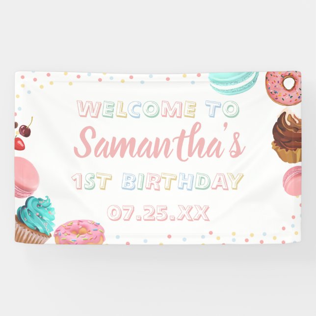Pastel Sweet Candy Lolipop Cupcake Doughnut Birthd Banner (Horizontal)
