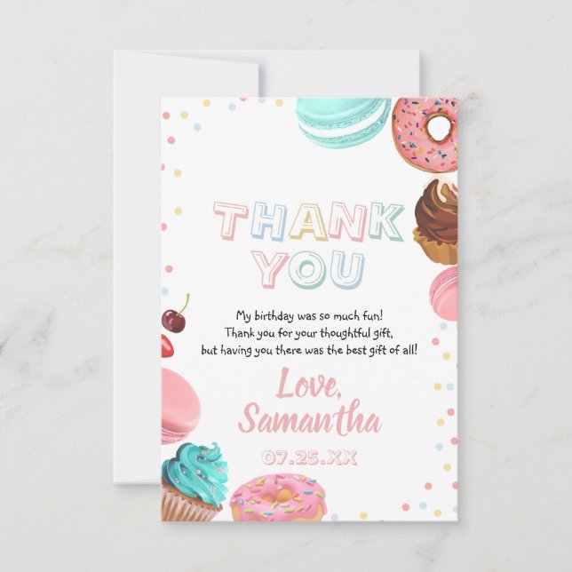 Pastel Sweet Candy Lolipop Cupcake Doughnut Birthd Thank You Card (Front)