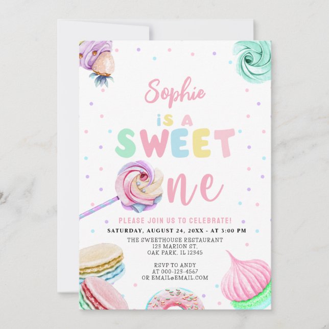 Pastel Sweets Doughnut & Candy First Birthday Invitation (Front)