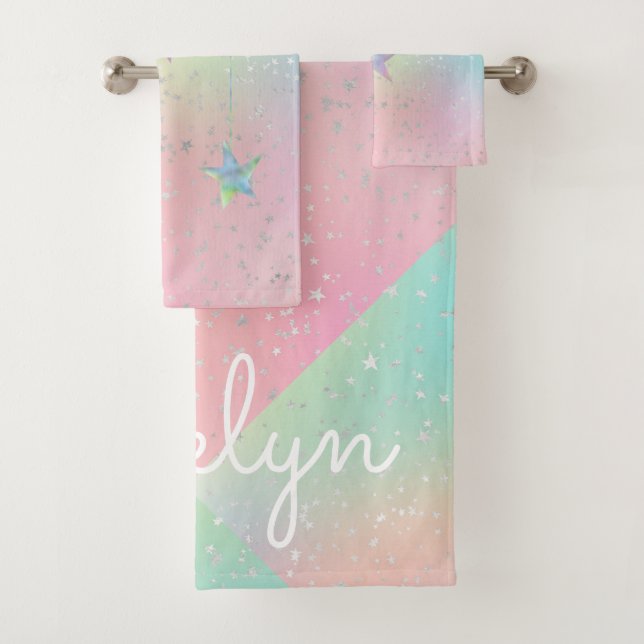 Pastel swirl holographic star ribbon cute pink  bath towel set (Insitu)