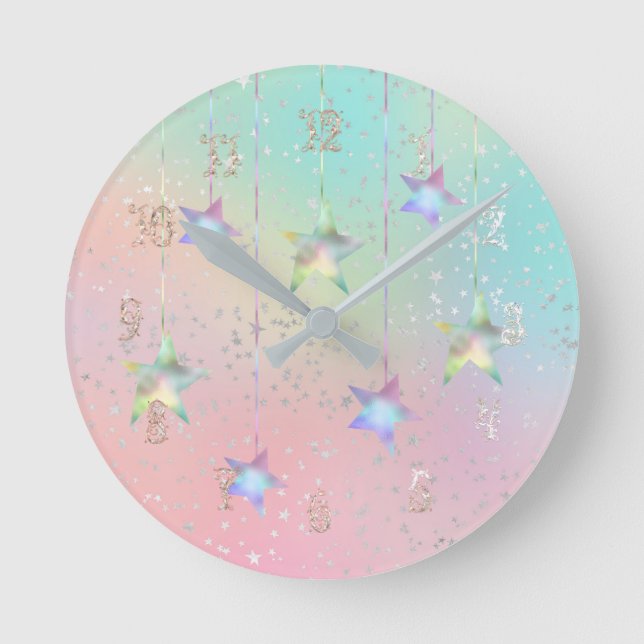 Pastel swirl holographic stars and ribbon cute round clock (Front)