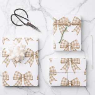 Pastel Tan and White Gingham Buffalo Plaid Bow Wrapping Paper Sheet