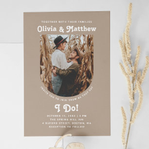 Pastel taupe arch photo minimalist retro wedding invitation