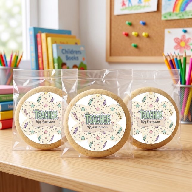 Pastel Teacher Appreciation Crayon Pattern  Classic Round Sticker (Creator Uploaded)