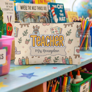 Pastel Teacher School Supplies Pattern Accessory Pouch