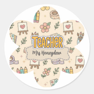 Pastel Teacher School Supply Pattern  Classic Round Sticker