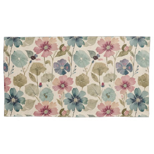 Pastel Teal and Mauve Flowers Vintage Modern Pillowcase