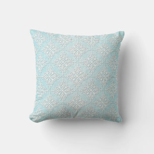 Pastel Teal Blue and White Damask Pattern Cushion