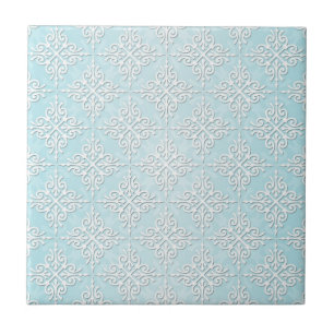 Pastel Teal Blue and White Damask Pattern Tile
