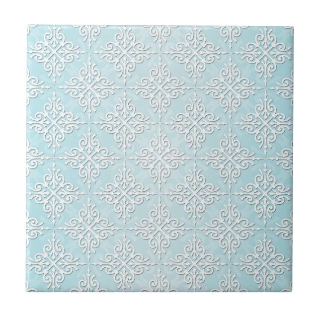 Pastel Teal Blue and White Damask Pattern Tile (Front)