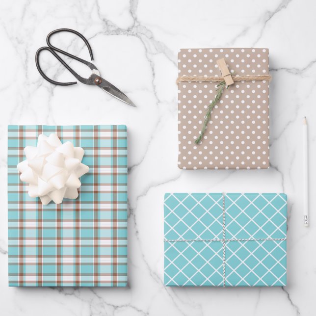 Pastel Teal Blue Coffee Brown Stripes Polkadots Wrapping Paper Sheet (Front)