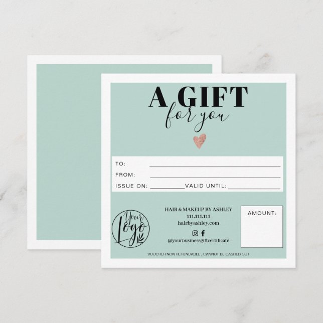 Pastel teal blue square gift certificate logo (Front/Back)