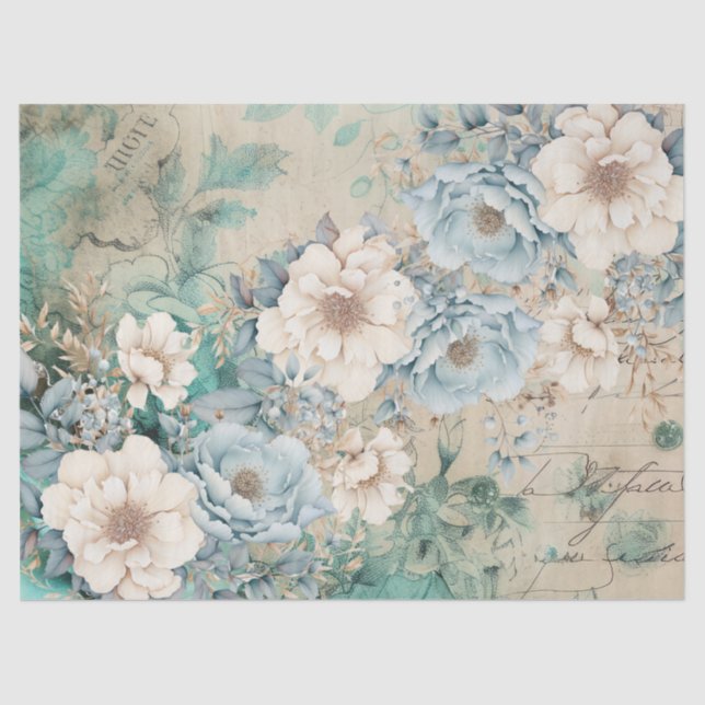 Pastel Teal & Blue Watercolor Florals Tissue Paper (Front)