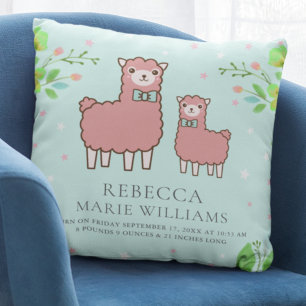Pastel Teal Cute Pink Llama Baby Girl Birth Stats Cushion